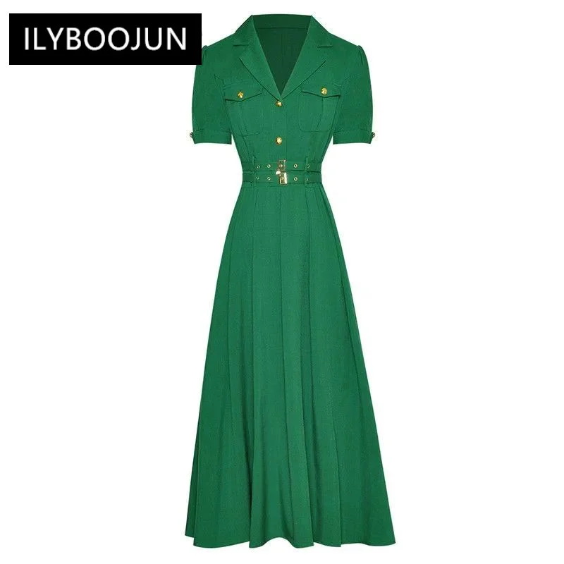 

Fashion Designer Summer Women Dress Green Color Turn-down Collar Pockets Button Belt Slim Over The Knee Dress