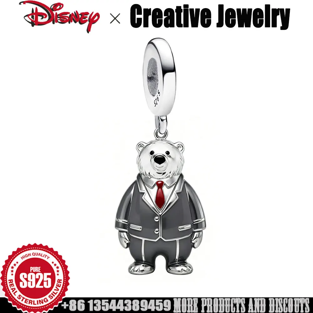 

925 Silver pendant Disney Zootopia Mr.Big's bodyguards bear dangle Charm girls cartoon cute charm high quality Jewelry Gift