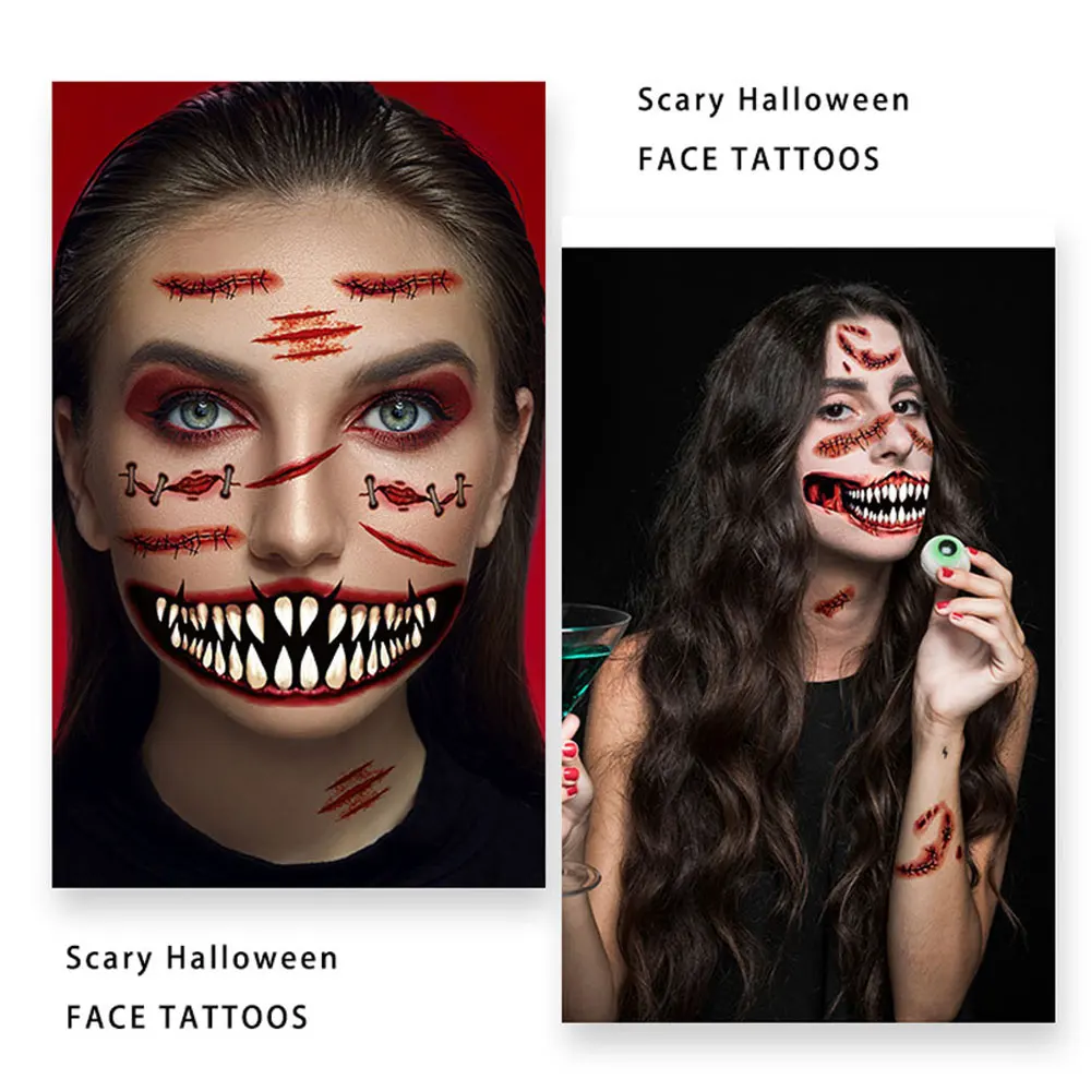 Tatuajes temporales divertidos de boca grande para mujeres y hombres, pegatinas de tatuaje de Halloween para maquillaje facial, tatuaje falso aterrador resistente al agua