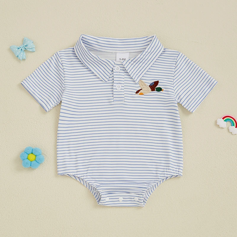 

Newborn Infant Baby Boys Girls Rompers Jumpsuits Duck Striped Short Sleeve Button-up Lapel Neck Toddler Baby Summer Playsuits