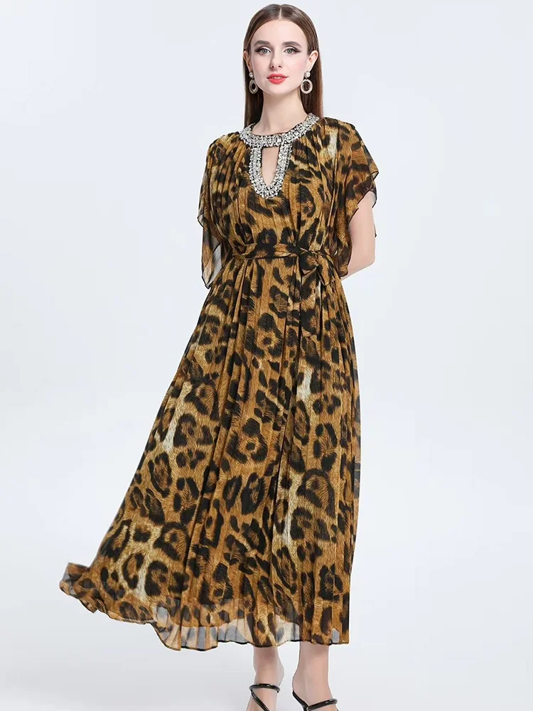 

New Summer Designer Leopard Print Long Dresses For Women's Luxury Diamond O-Neck Holiday Dresses Female Clothing Fashion
