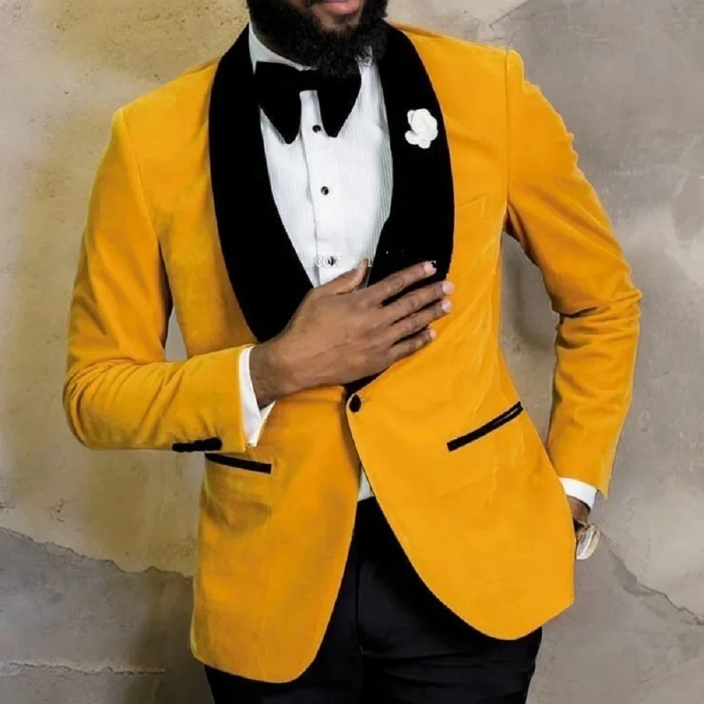 

Yellow Velvet Men's Suits for Wedding Dinner 2 Piece Groom Tuxedo Best Man Blazer with Black Pants Male Fashion