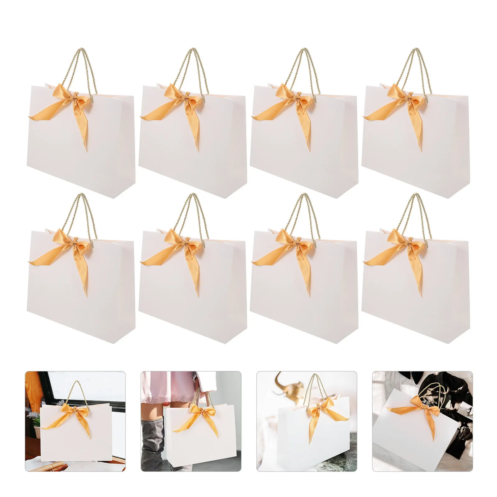 

8 шт. элегантных бумажных пакетов для упаковки ювелирных изделий с бантом и прочным прямоугольным дном, подарочные пакеты для одежды, декоративные пакеты для подарков