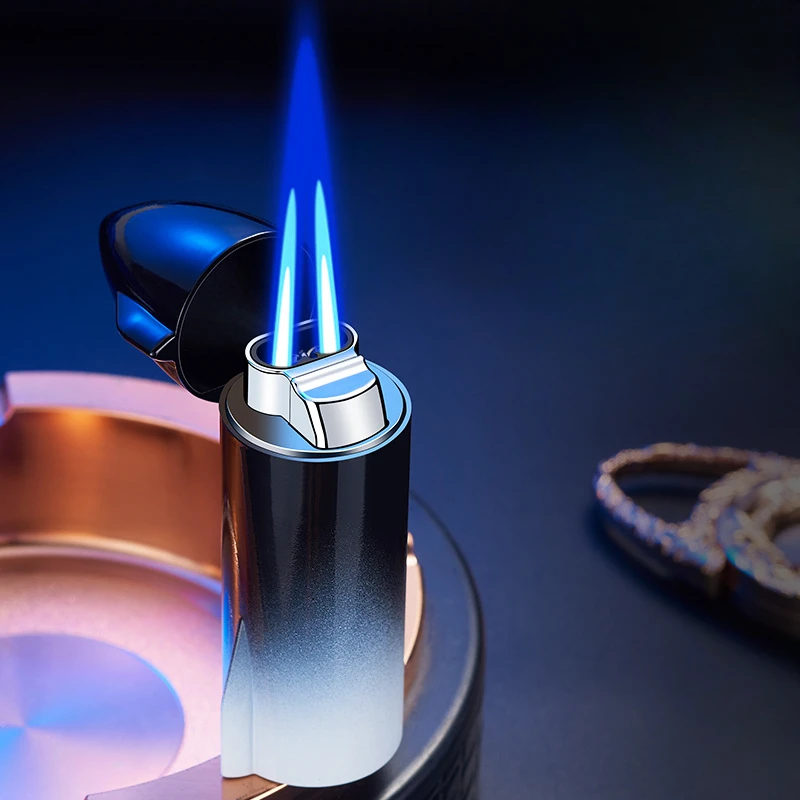 

Металлическая уличная ветрозащитная Бутановая газовая зажигалка креативная в форме ракеты с двойным синим пламенем стандартная струйная Зажигалка для сигар
