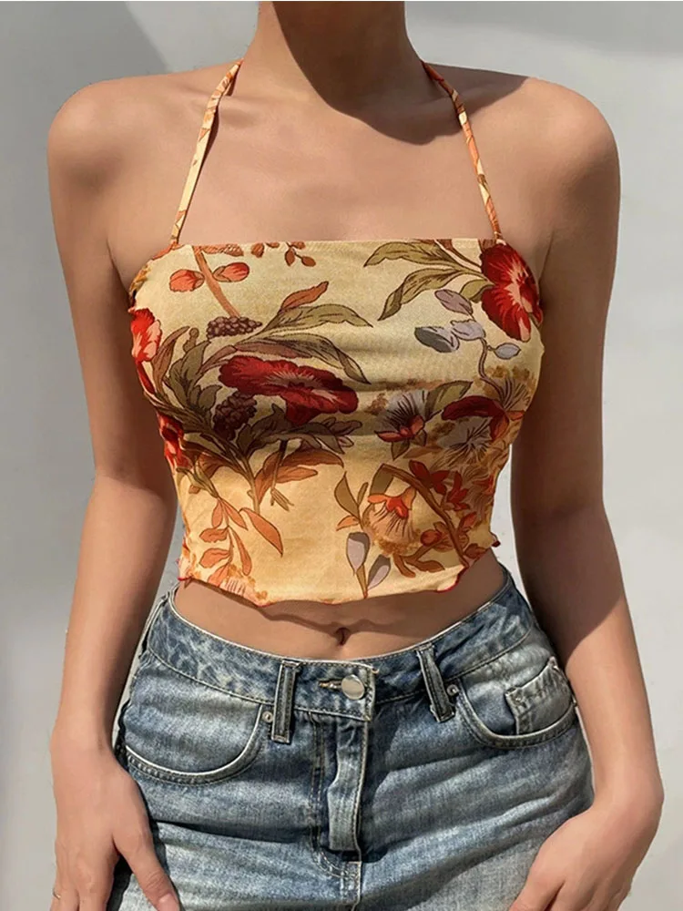 Y2K Mesh Sheer Floral T-shirt Vintage halter Tops Women Sleeveless Slim Fit Crop Top Harajuku Streetwear