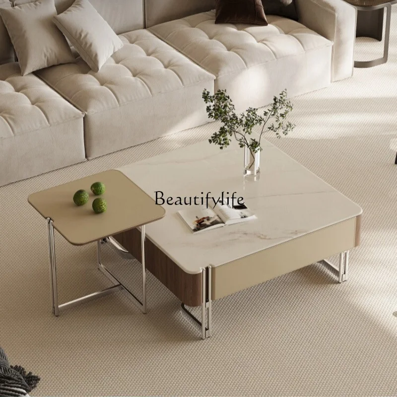 

Italian minimalist coffee table combination marble saddle leather stainless steel modern light luxury high-end