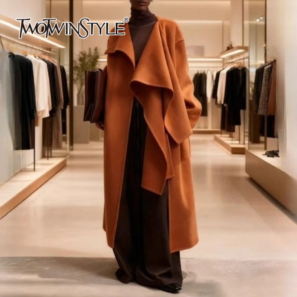 

TWOTWINSTYLE Solid Loose Temperament Wool Coats for Women V Neck Long Sleeves Spliced Ribbon Minimalist Coat Female Clothing New