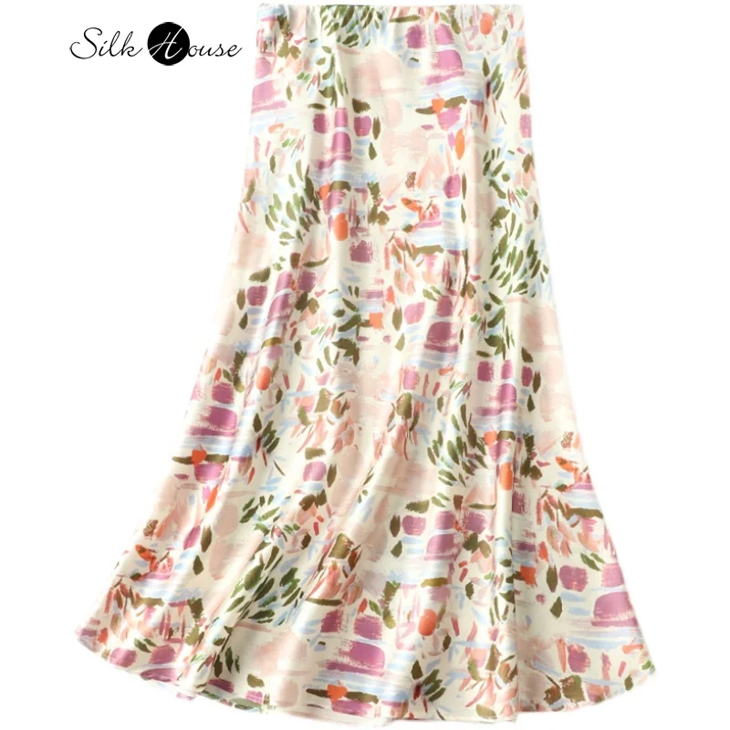 2023 Women Fashion Summer New Light Luxury Printed Silk Skirt Elastic Waist Mulberry Silk Medium Length Hip Wrap Fishtail Skirt