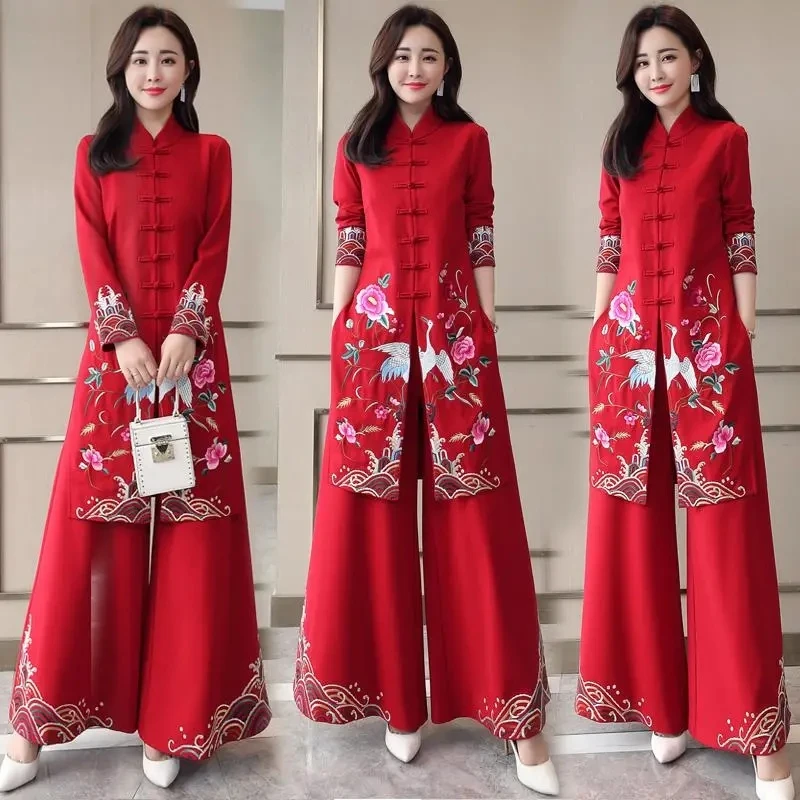 Long Ethnic Style Cheongsam Set Spring and Autumn Drop Feel Wide Leg Pants Mom Retro Slim Straight Tube Embroidery Two Piece Set