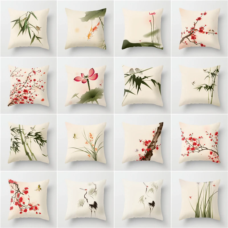 Chinese Style Pillow Cover Lotus Cushion Cover Office Waist Support Blossom Pillowcase Bamboo Plum Pillow Case Home Decore Car