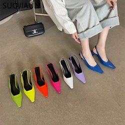 SUOJIALUN 2024 Spring New Women Sandal Shoes Fashion Candy Color Ladies Elegant Slingback Sandals Med Heel Dress Pumps Shoes