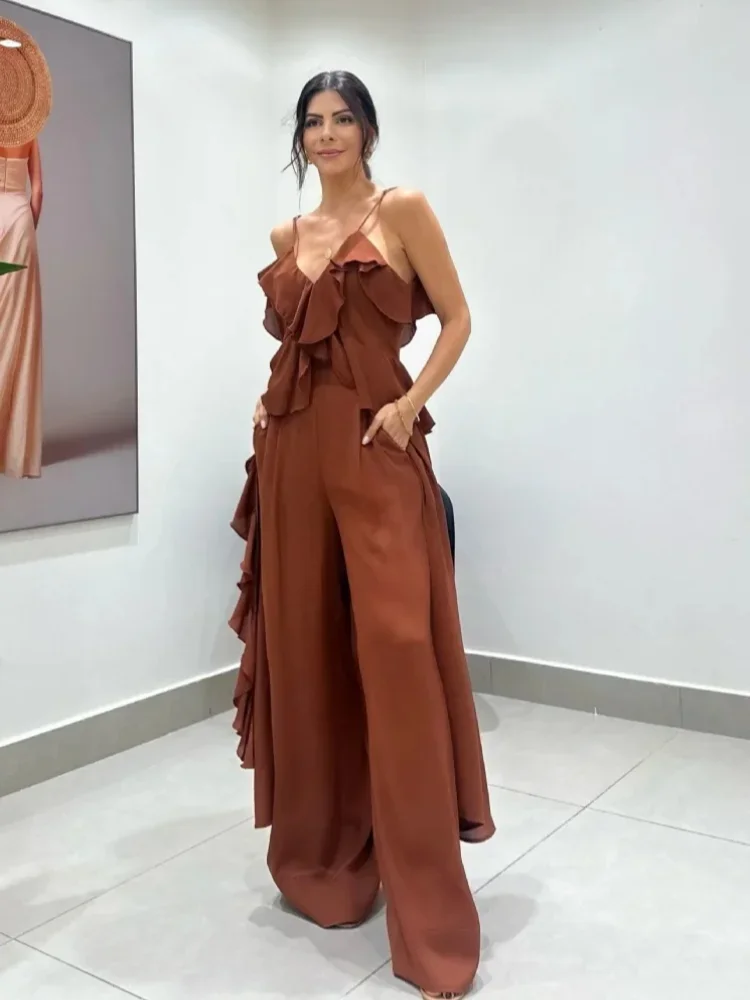 Feminino marrom escuro calça conjunto casual decote em v sem mangas em camadas babados sling blusa calças de perna larga terno novo verão senhora uso diário