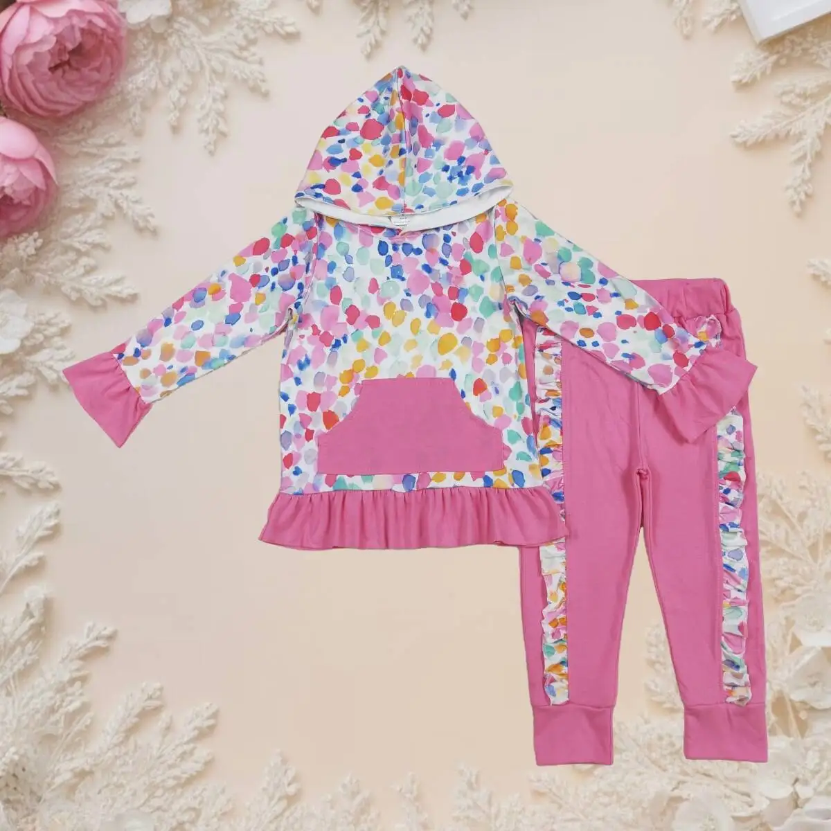 

Baby Girl Long Sleeve Sets Toddler Kids Spring Fall Hoodies Set Colorful Tie Dye Tops Pink Ruffle Pockets Pants Outfits Clothes