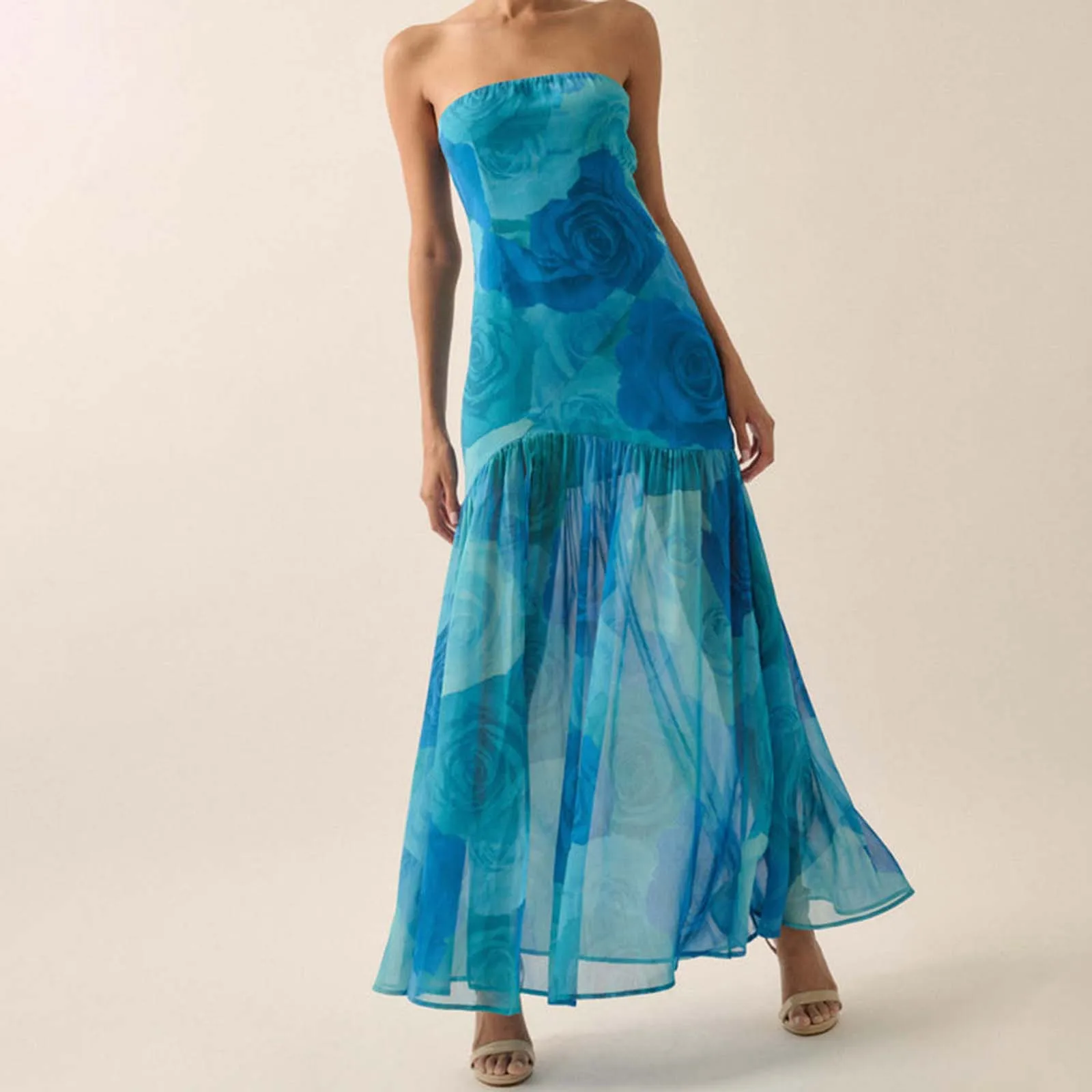 Women Strapless Rose Tube Top Dress Slim High Split Off Shoulder Sleeveless Backless Long Dress for Party Club