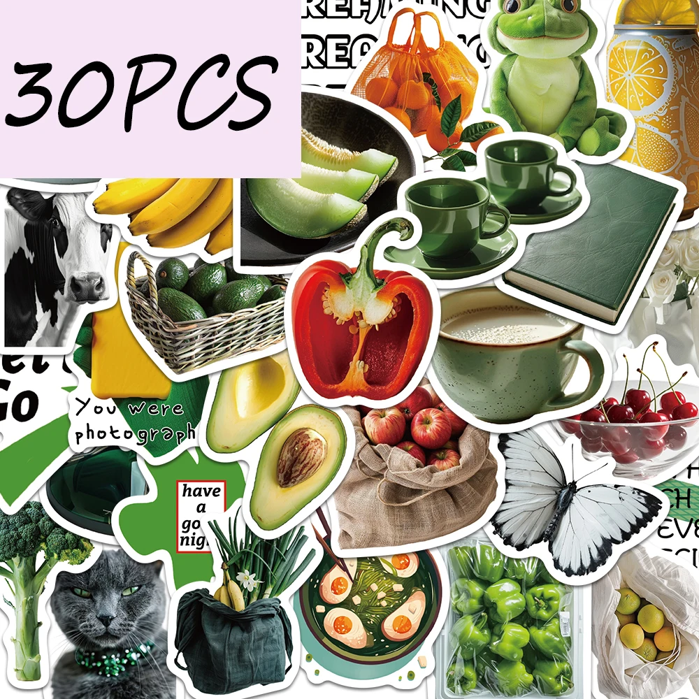30PCS green vegetable and fruit series stickers, decorate mobile phones, refrigerators, water bottles, waterproof stickers