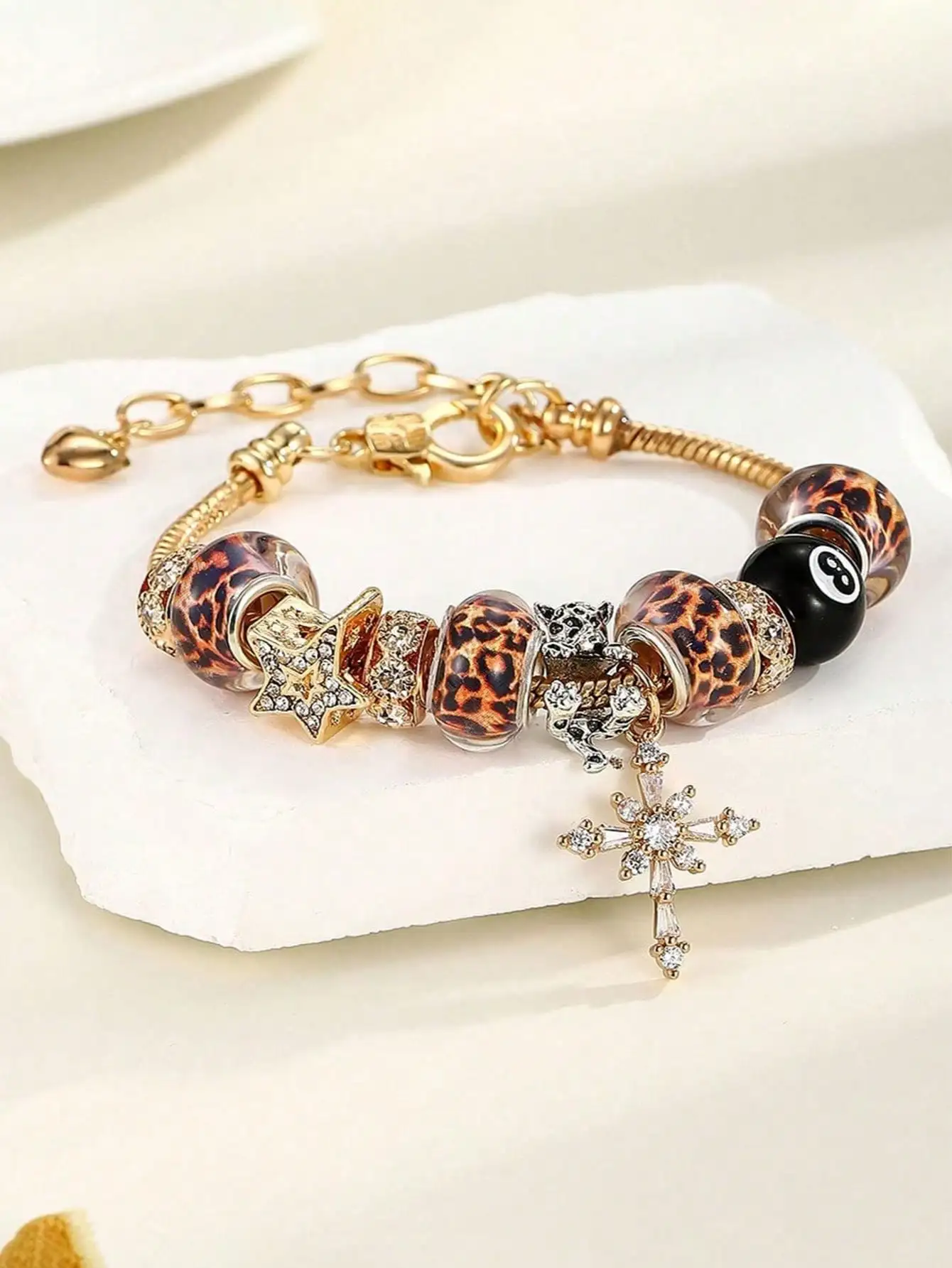 

Браслет с леопардовым принтом, кристаллами в виде креста и звезды, регулируемая змеевидная цепочка золотого цвета для женщин