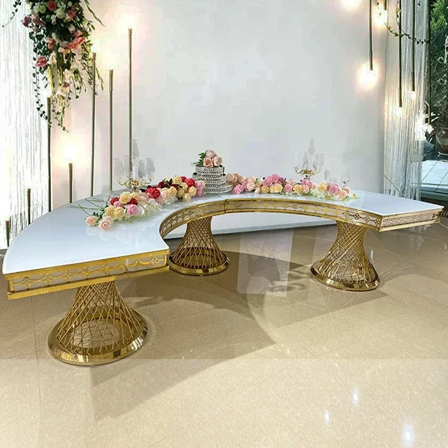 luxury wedding event light half moon shape stainless steel dining table with glass