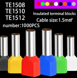 1000PCS TE1508 TE1510 TE1512 ouble pipe 1.5MM² cold pressed end double line tube shaped insulated tubular terminal