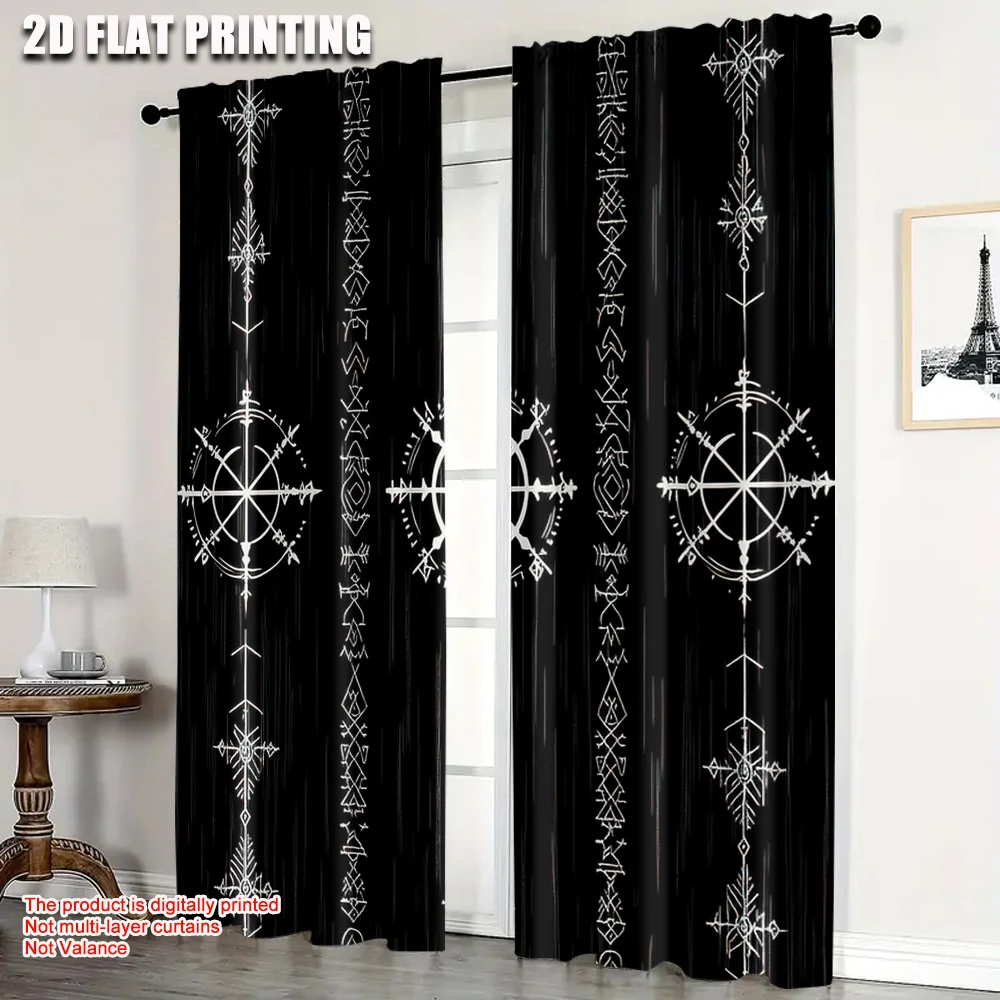 

2Pcs Black Background Viking Symbol Light Filtering Curtains Polyester Perfect For Bedroom Living Room Decor