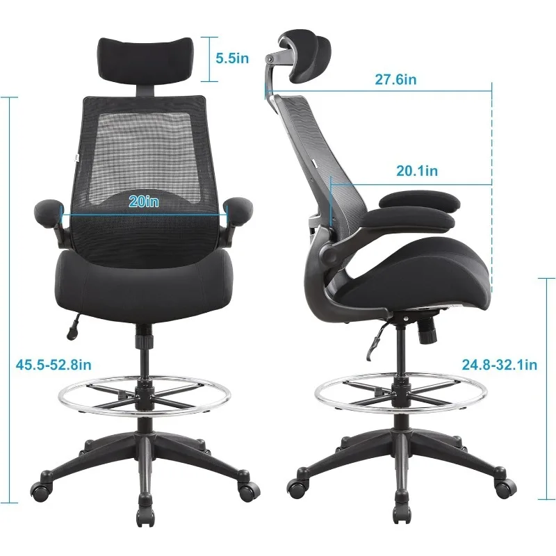 400lbs High-Back Ergonomic Office Drafting Desk Chair Adjustable Headrest,Lumbar Support Swivel Computer Task Chair-Black