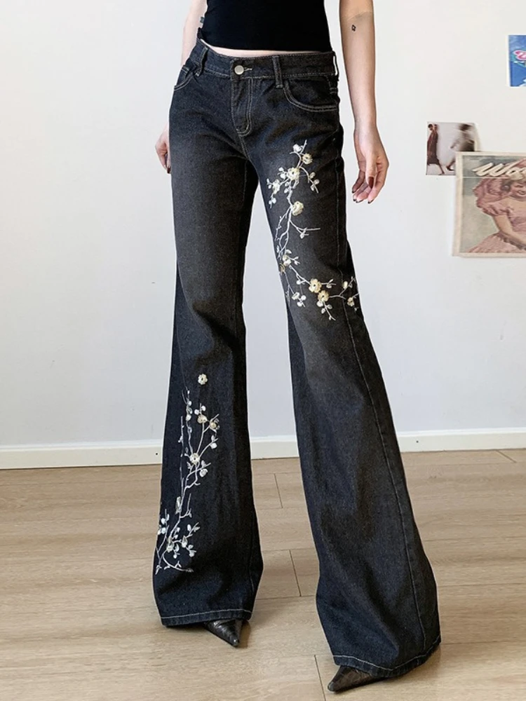 Pantaloni a vita bassa con ricamo vintage Donna Y2k Pantaloni in denim lavato Hip Hop Grunge Retro Streetwear Pantaloni a zampa d'elefante sottili Estetici