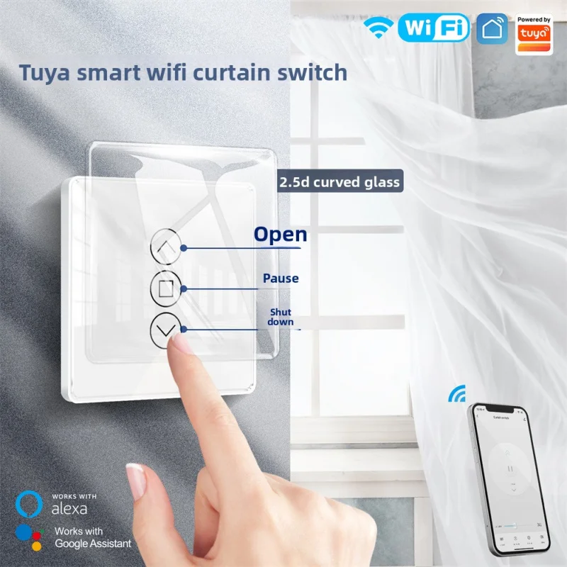 

WiFi Умный переключатель для штор Tuya - Управление через приложение, таймер, голосовое управление, настенный монтаж, совместимость с мотором