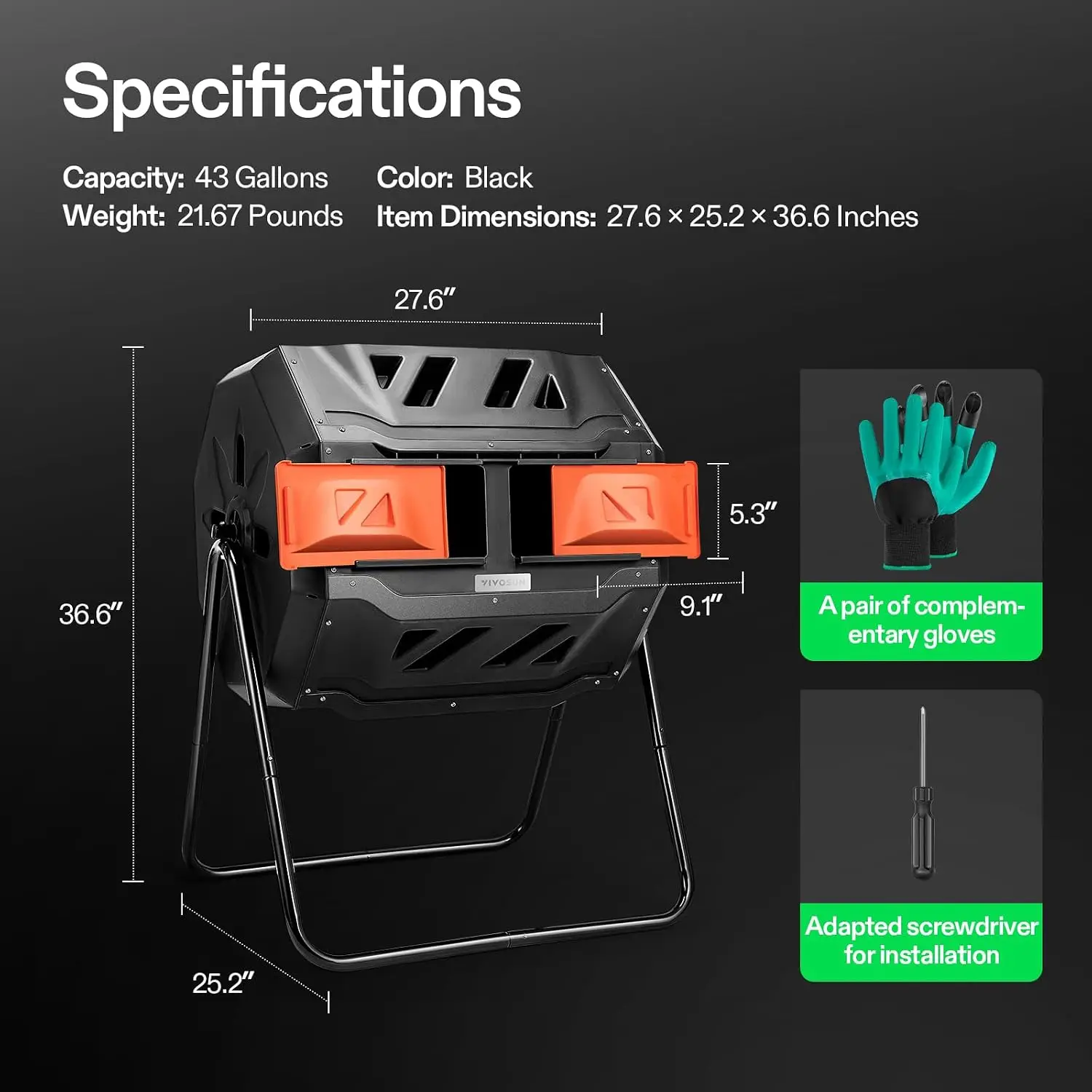Outdoor Tumbling Composter Dual Rotating Batch Compost Bin, 43 Gallon Orange Door, Customized