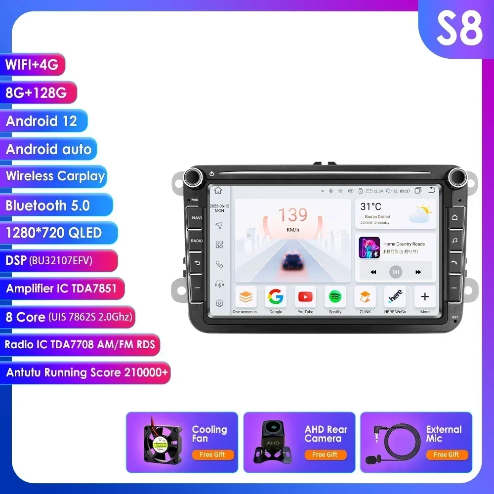 8+128G 2 DIN Android 14 autoradio GPS multimediaspeler voor VW Volkswagen Golf Passat B7 B6 Skoda Seat Octavia Polo Tiguan Jetta