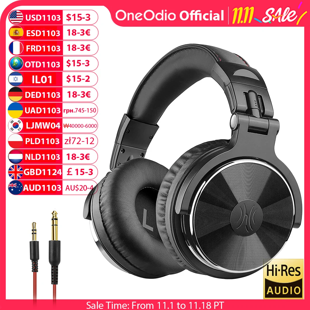 Dj Headphones Professional - OneOdio Pro 10 オーバーイヤーヘッドホン、ハイレゾ対応、スタジオ用、DJ用、有線モニターヘッドホン、ゲーミングヘッドセット、Hi-Fiイヤホン、スマートフォンやPC用、マイク付き。