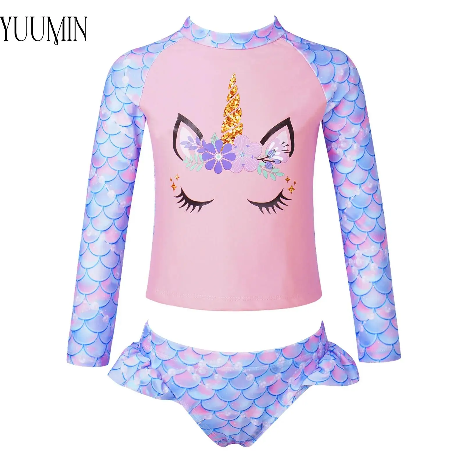 Kids Girls Summer Cartoon Printed Swimsuit Long Sleeve Tops Briefe Bikinis Set Toddler Sun Protection Rash Guard Swimming Outfit