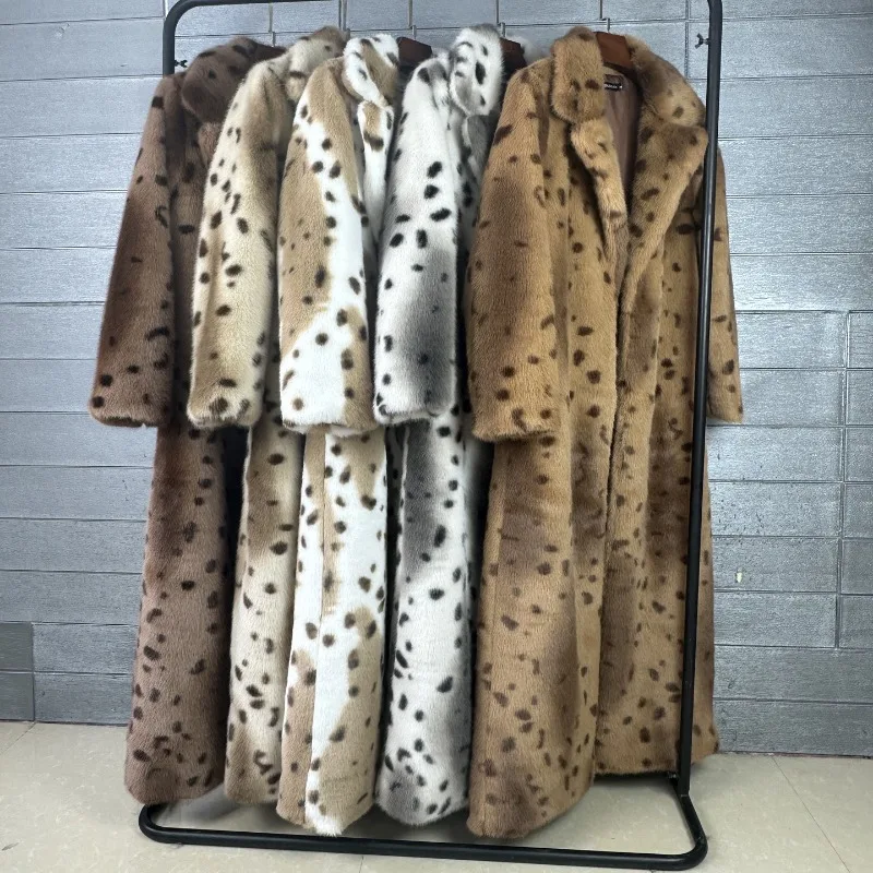 2026 Fashion Printed Mink Fur Coat Women's Winter Faux Ferret Fur X-long Overcoat Turndown Collar Loose Top Streetwear Outerwear
