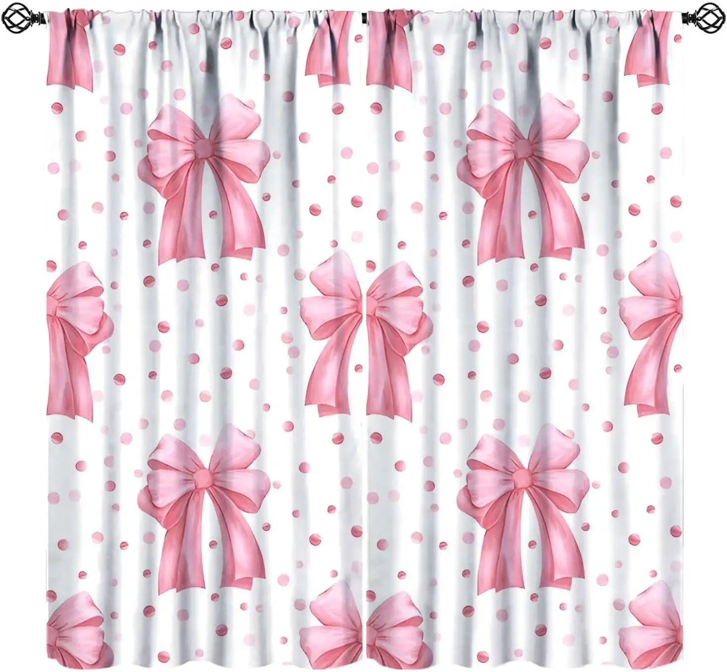 Watercolor Pink Bow Polka Dot Curtains 2 Panels, Large Ribbon Bow Pink Dots Bright White Base Drapes for Sweet Girls Bedroom