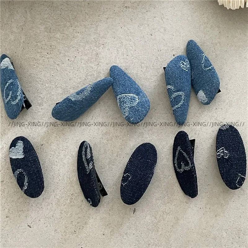 Elegant Denim Blue Heart Printing Cloth Hairpin Side Clip Cute Oval Triangle Duckbill Clip Bang Clip New