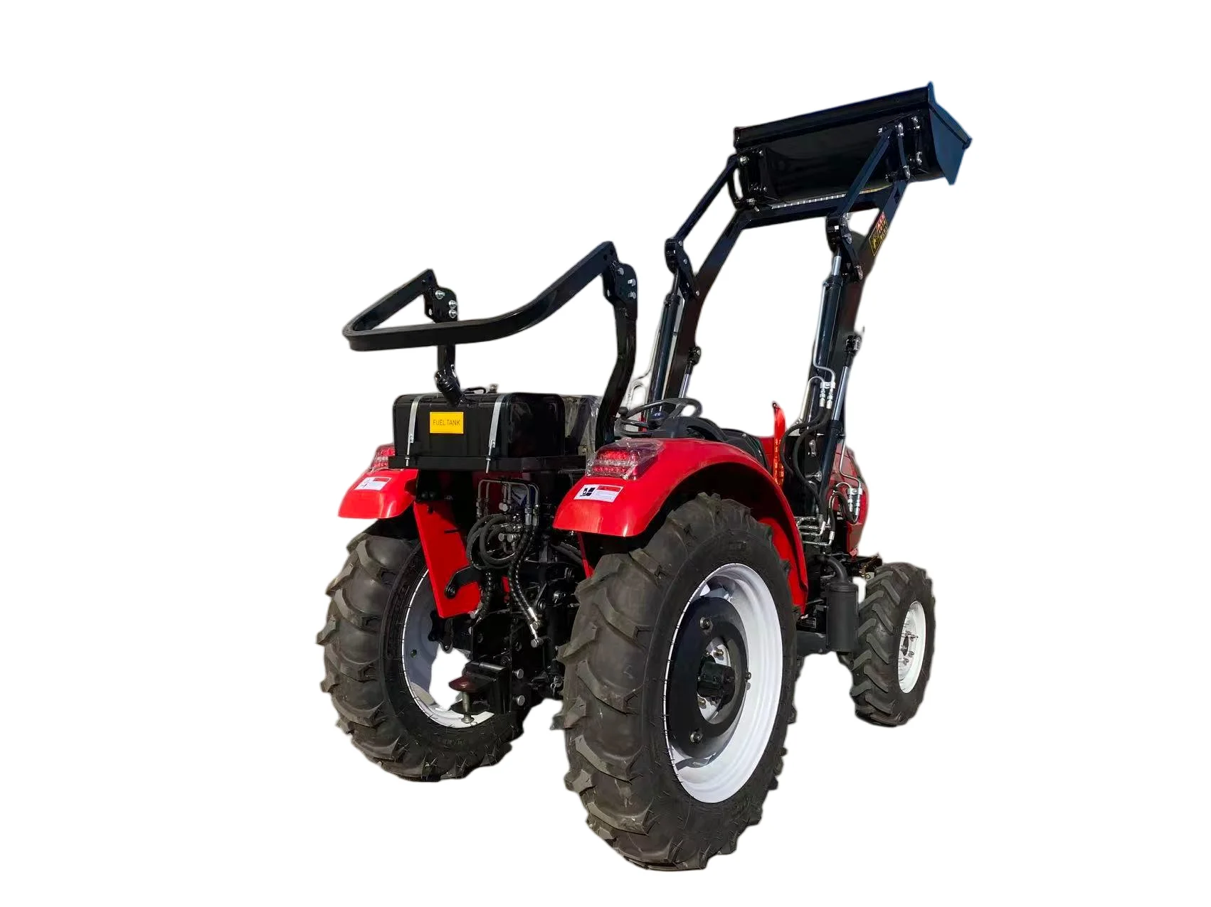 With excavator 4x4 agricultural tractor with accessories. 50 HP tractor with mini front-loading wheeled tractor for agriculture.