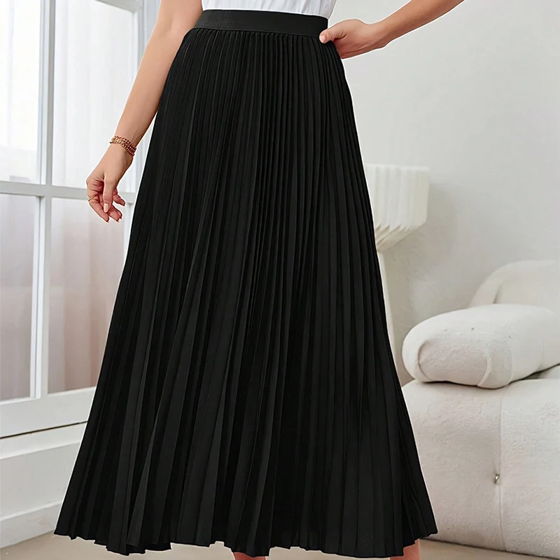 

Summer All-Match Pleated A-Line Skirts for Women Elegant Solid Woman Long Skirts Large-Swing Umbrella Black Skirt for Women