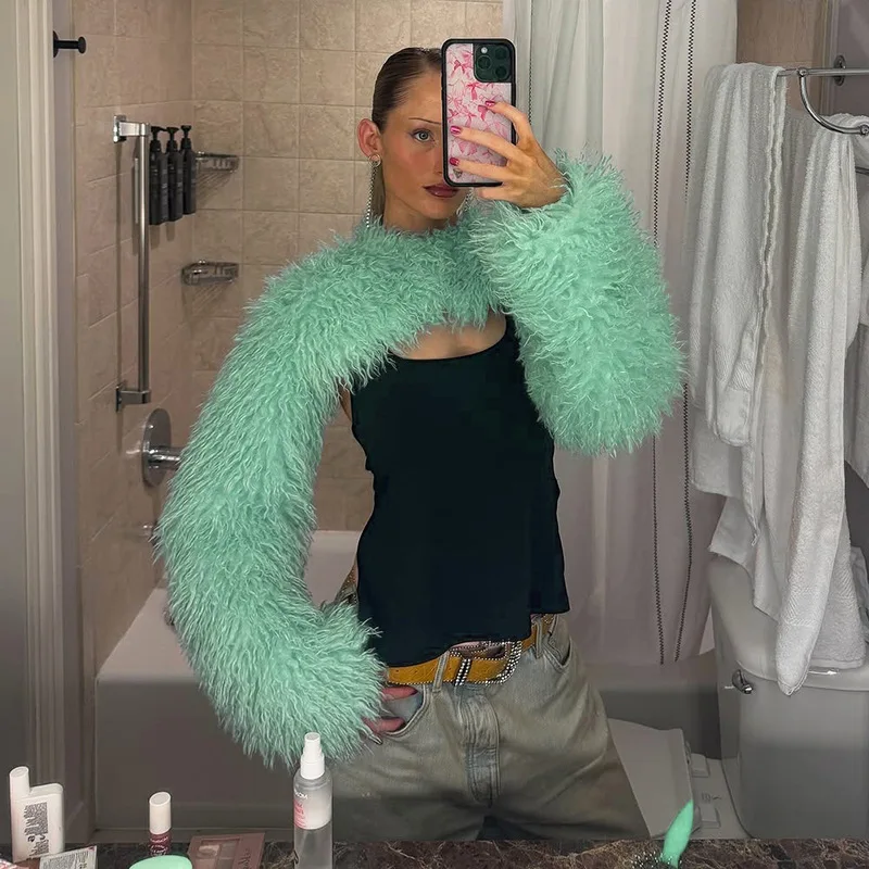 2026 Autumn Winter Trendy Womens Faux Fur Long Sleeve Shrug Tops Chic All‑match Streetwear Sexy Club Party Holiday Outfit
