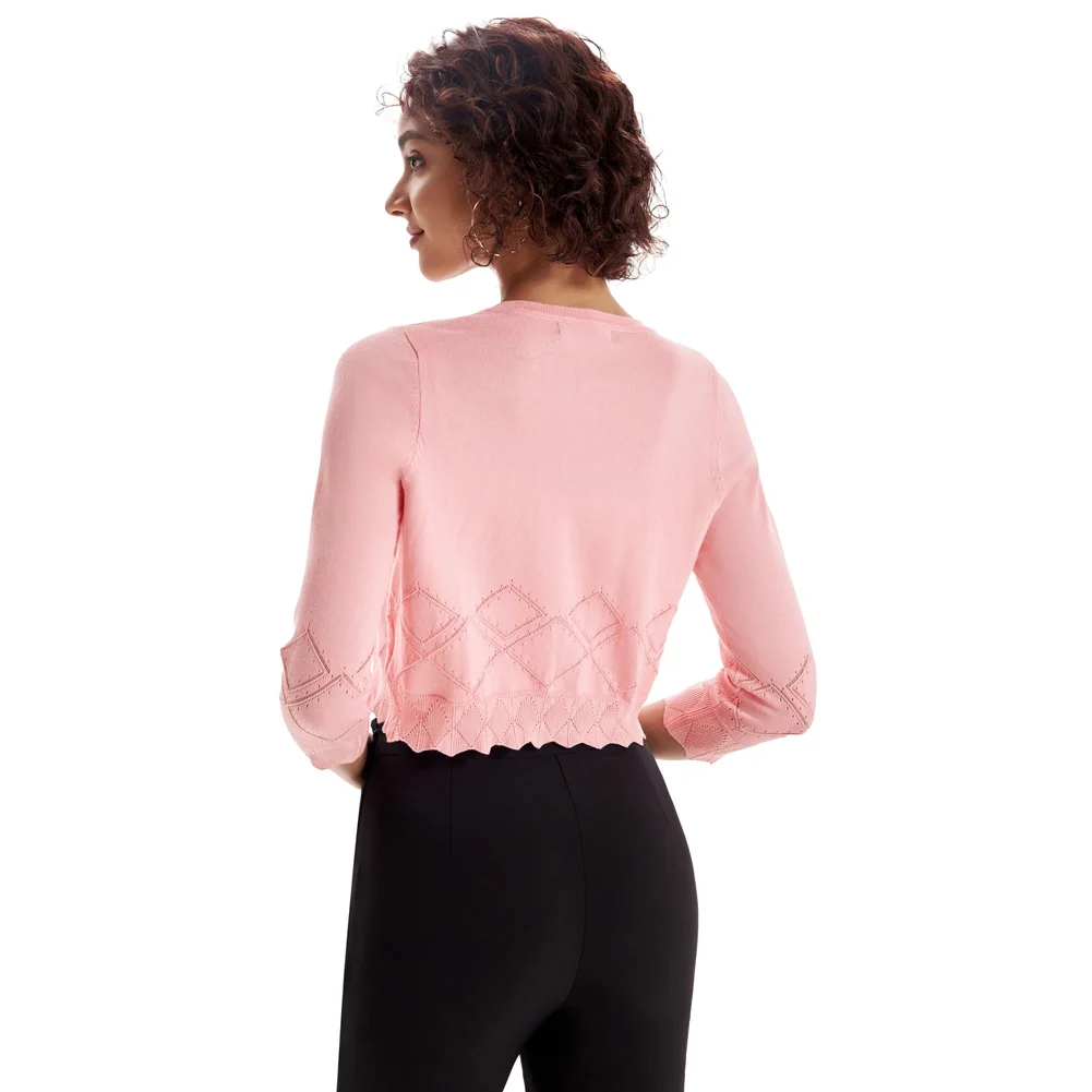 Belle Poque Women Cropped Cardigan Sweater Vintage Hollow Out Casual Tops Ladies 3/4 Sleeve Scalloped Trim Knitwear A30
