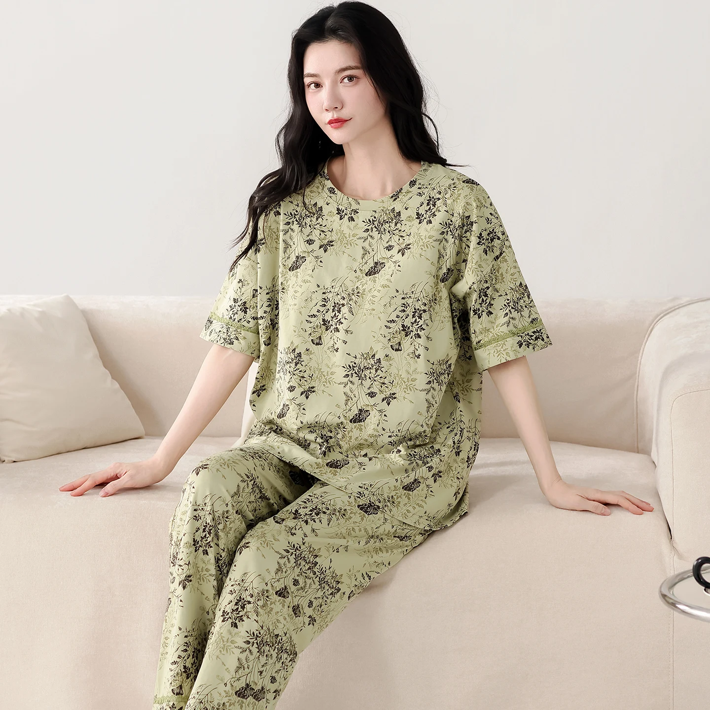 

Summer Short Sleeve Women Modal Pajamas Set Fashion Florals Long Pants Pijamas Sleepwear 2Pcs Pullover Pyjamas For Young Lady