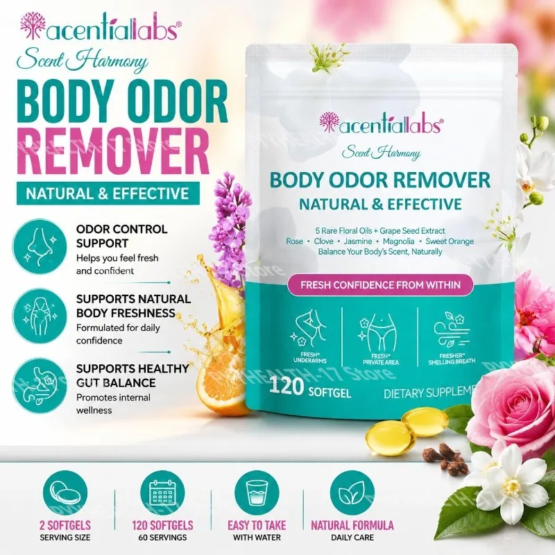 Body Odor Remover Softgels with Rose Clove Jasmine Magnolia Sweet Orange Oils and Grape Seed Oil for Men Women 120 Softgels