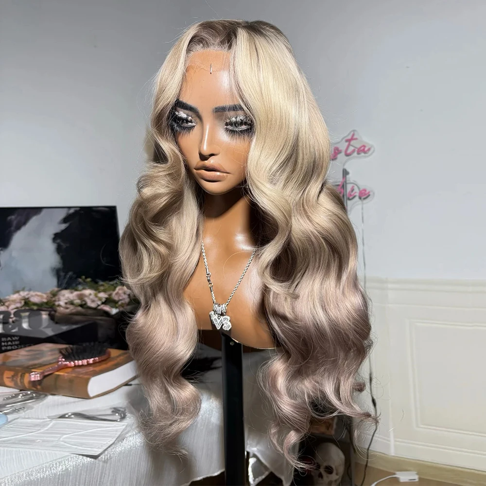 Synthetic Lace Front Wig Mixed Blonde Wig 26 Inches Long Body Wave Lace Wig Pre Plucked Hairline Wigs for Women Daily Part Use