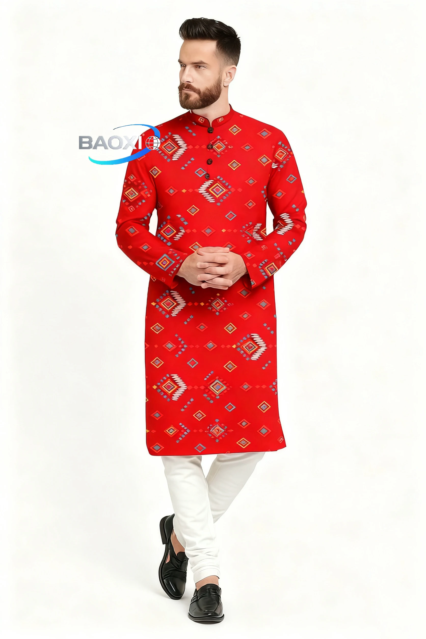 Uomo stampa digitale kurta pensiha vestibilità regolare colletto alla coreana lungo adatto a tutte le occasioni come matrimonio Hari Raya Aidilfitri,