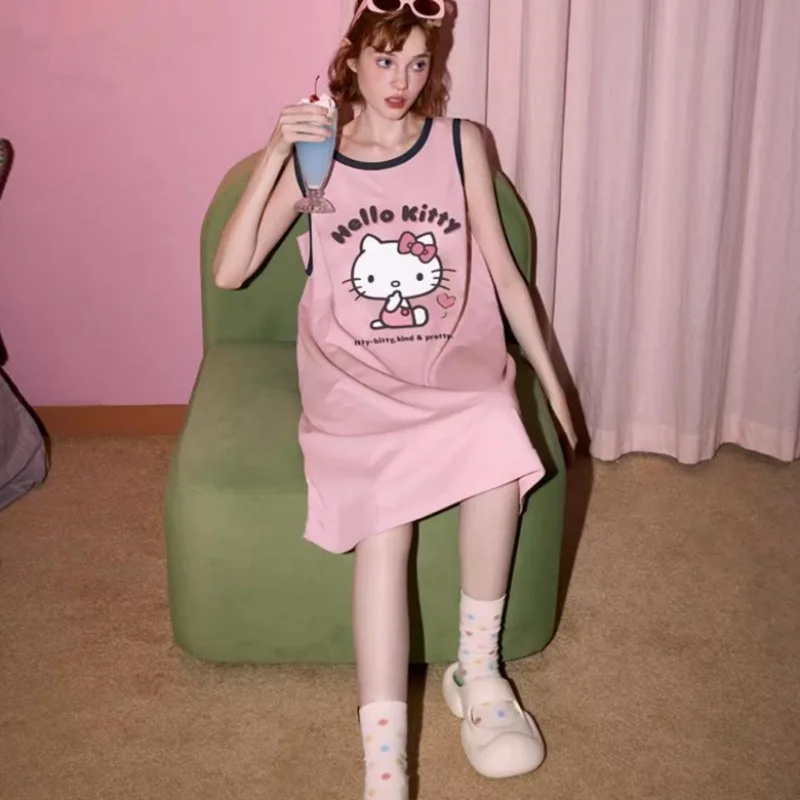 Hello Kitty Long Camis Vest Sleeveless Dress Bottoming Skirt Woman Girl Loose Dresses Plus Fat Plus Size Female Homewear Pajamas