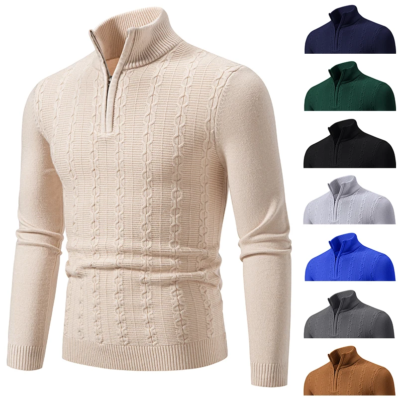 

New Arrival Men's Semi-turtleneck Zipper Sweater Autumn Winter Jacquard Sweaters Casual Pullover Long-sleeved Solid Sweater