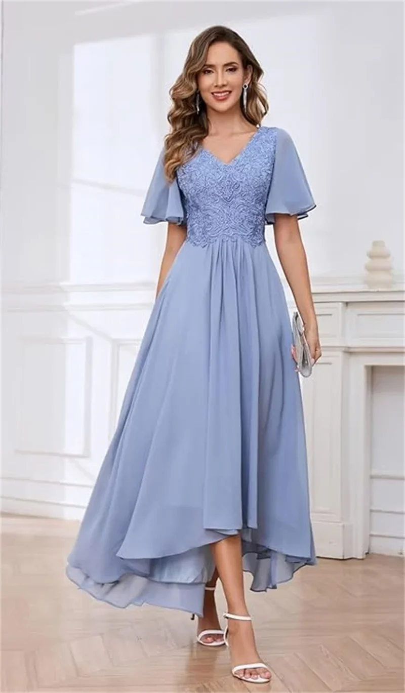 Apliques de encaje vestidos para madre de la novia con mangas hasta el té vestido de fiesta de noche Formal de gasa personalizado