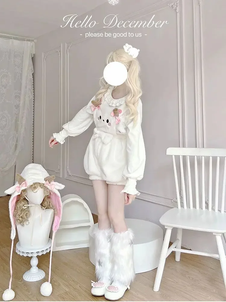 

2025 hot Original Bear Biscuit Lolita, Cute Autumn and Winter Flower Bud Pants, Lamb Shoulder Strap, Soft and Cute Girl
