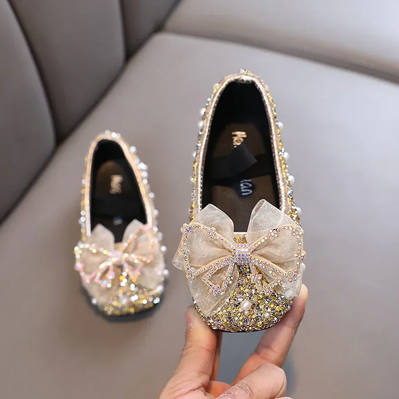 Girls Princess Shoes Glitter Luxury Party Shallow Children Ballet Flats 21-36 Elastic Band Fashion Lace Bowknot Kids Dance Shoes