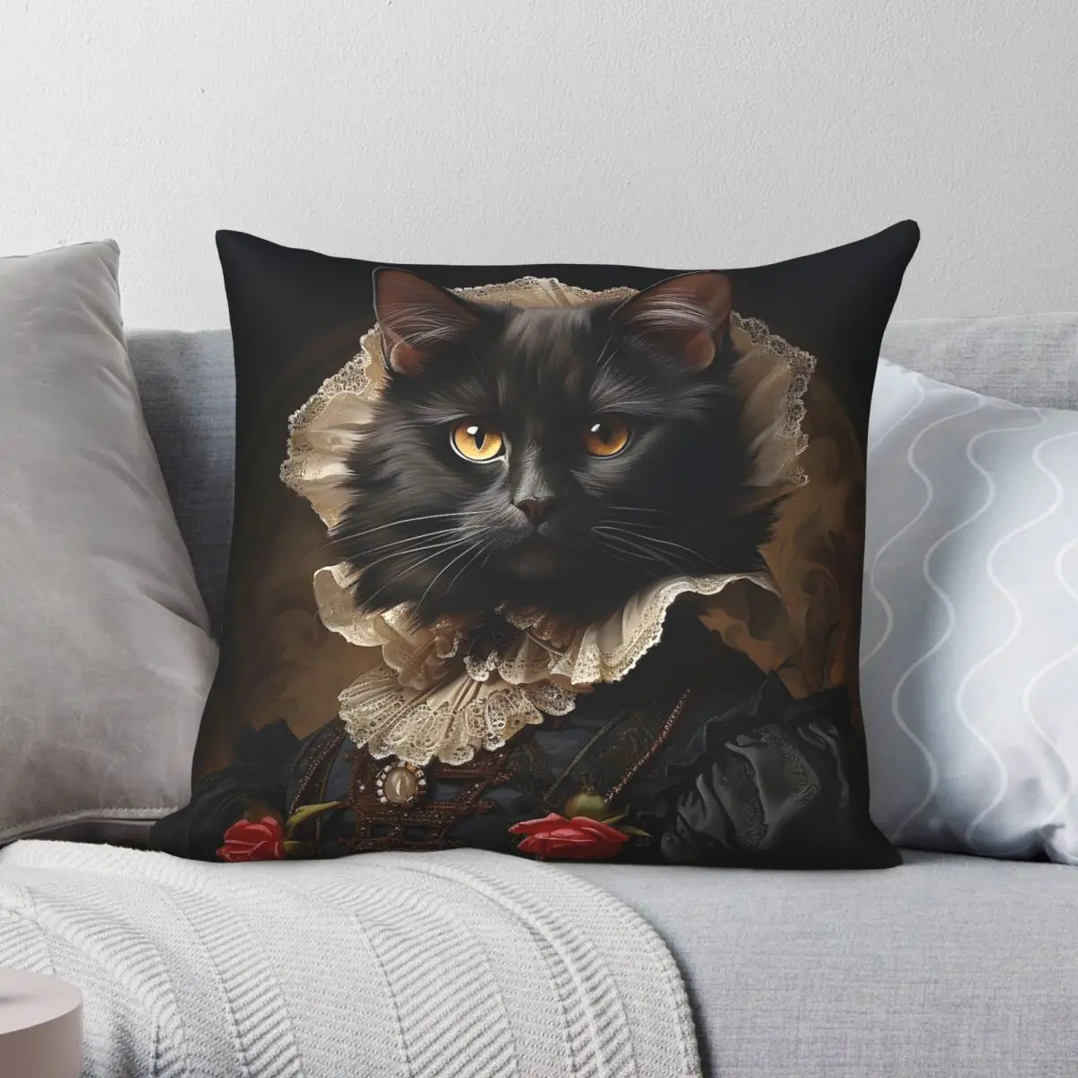 Renaissance Black Cat Portrait Pillowcase Polyester Linen Velvet Creative Decorative Throw Pillow Case Car Cushion Cover 45x45