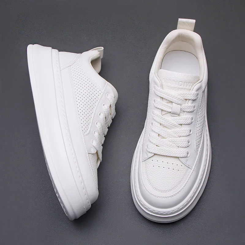 

Summer 2025 new leather perforated white sneakers thick-soled board shoe men's perforated breathable casual shoes