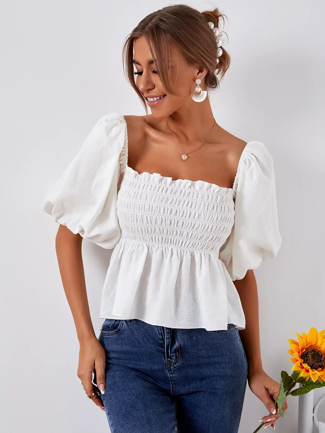 Women T-shirt Solid puff sleeve slash neck Tee High Quality Puff Sleeve Blouses Tops Ladies Square Neck Short Sleeve Crop Tops