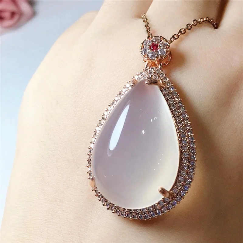 New Natural Inlaid High Ice White Chalcedony Drop Pendant Agate Ladies Fashion Joker Necklace